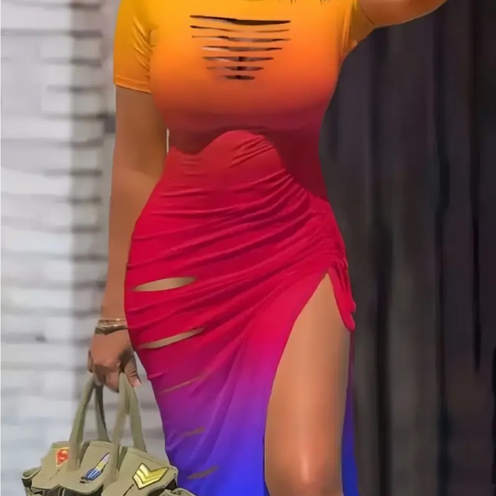 Orange Red Asymmetrical Bodycon Dress with Ruched Slit